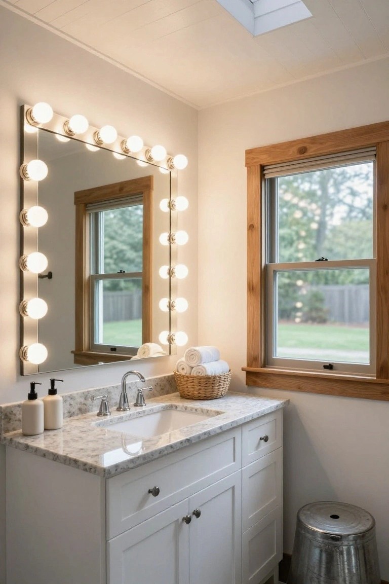 Bathroom vanity featuring a large mirror edged with multiple white bulb lights, white cabinet with granite sink top, soap dispensers, towel basket, wood-framed window, and metal stool.