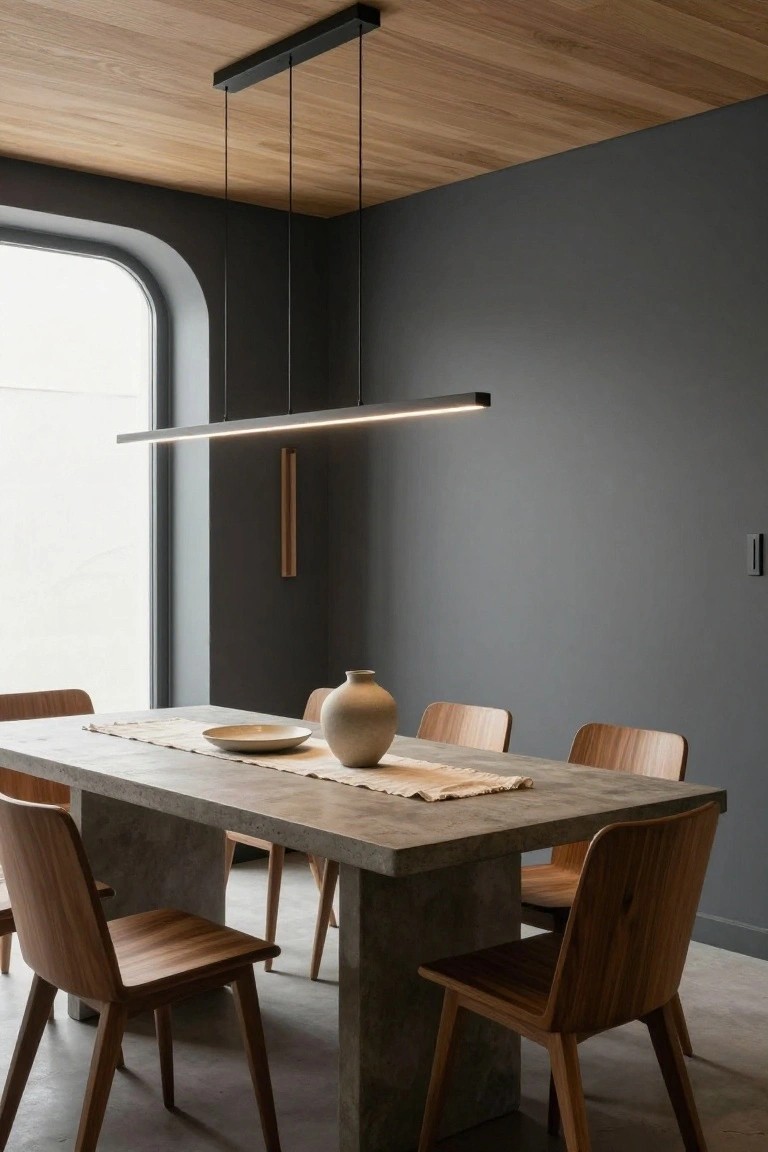 Modern dining room featuring a long slim linear LED pendant light suspended above a gray concrete table with beige runner, ceramic vase, plate, and six wooden chairs, set against dark gray walls, arched window, and light wood ceiling.
