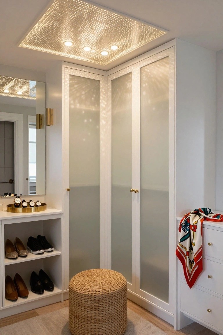 Corner of a white walk-in closet with corner wardrobes featuring frosted glass doors, a glowing perforated ceiling panel with recessed spotlights, open shelves holding shoes, a brass tray of watches on a counter, a woven stool, and a colorful scarf draped on a low dresser.