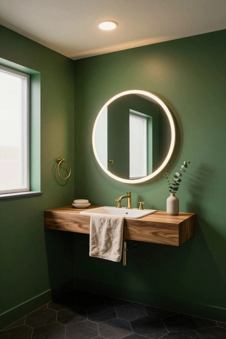Modern bathroom featuring green walls, a floating wooden vanity with white sink and gold faucet, round backlit mirror, towel ring, potted eucalyptus, soap dishes, and a single recessed ceiling light.