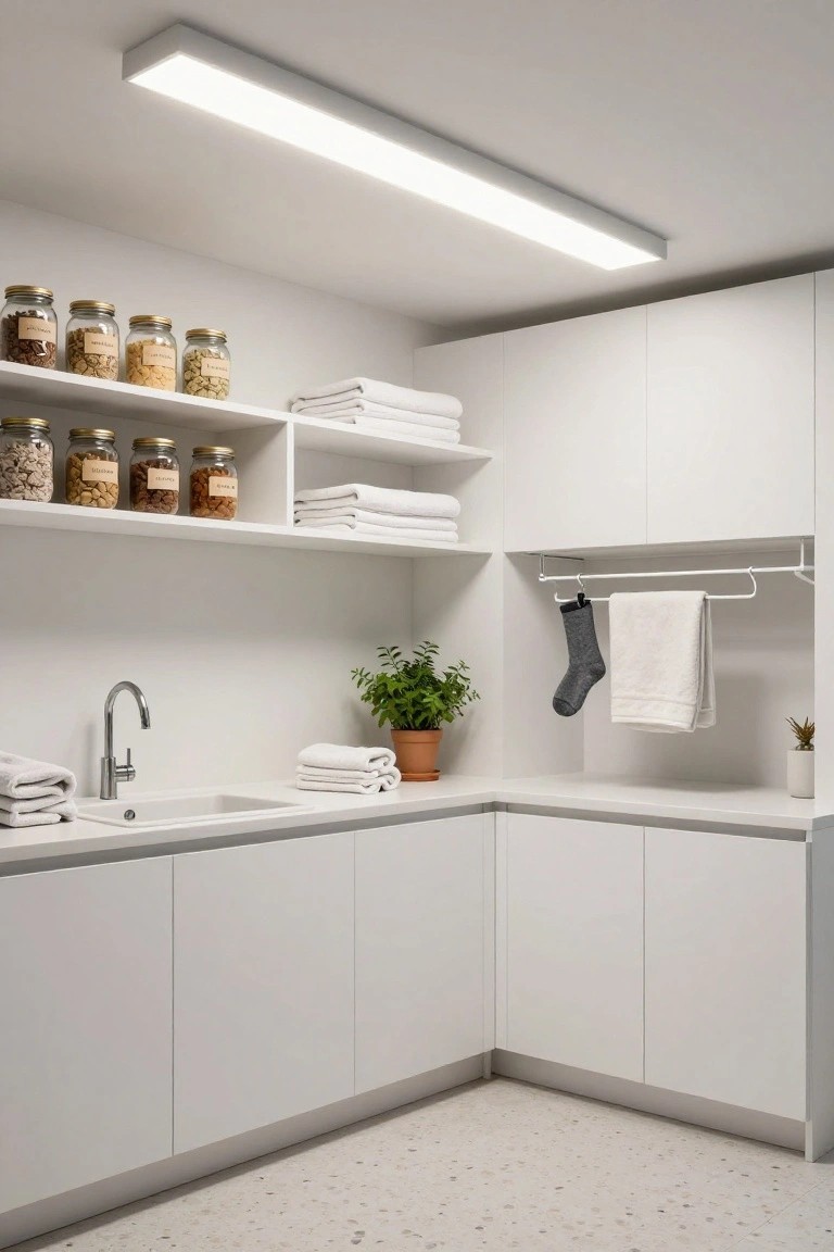 Modern white laundry room with long linear flush-mount ceiling light, white cabinets, utility sink, stacked towels, shelves of labeled jars, hanging clothes rack, and potted plants.