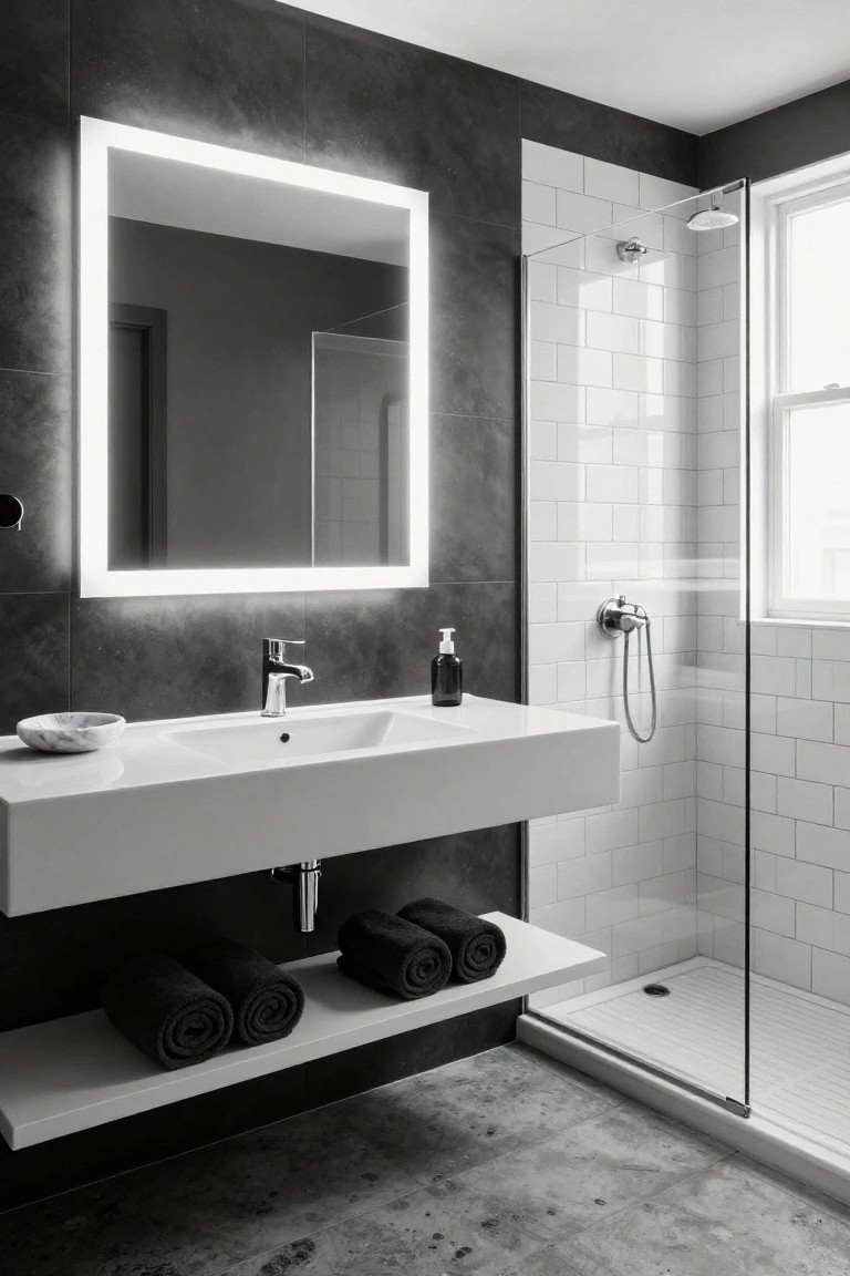 Black and white photo of a modern bathroom with edge-lit rectangular mirror above white floating vanity sink, glass shower enclosure with white tiles, dark wall tiles, and folded black towels on shelves.