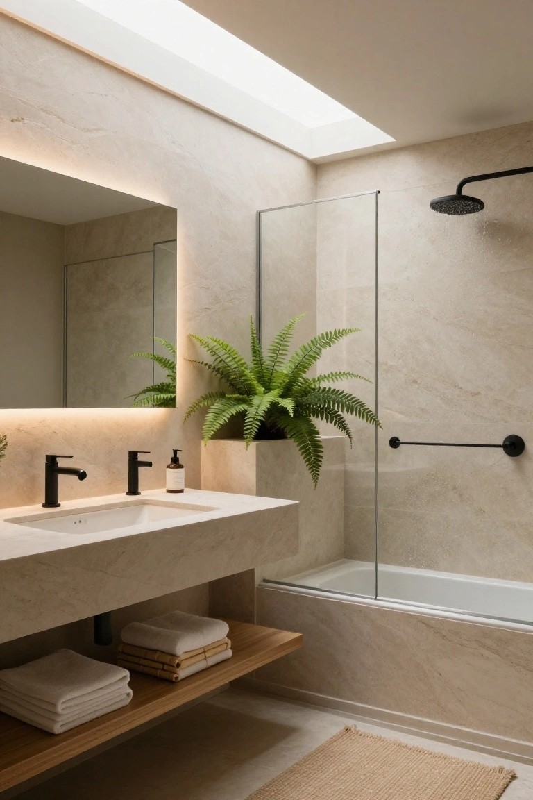 Modern bathroom featuring beige stone walls and floors, a floating white sink with black faucets, backlit rectangular mirror, glass shower enclosure with black showerhead, white bathtub, potted fern plant, skylight, and folded towels on wooden shelf.