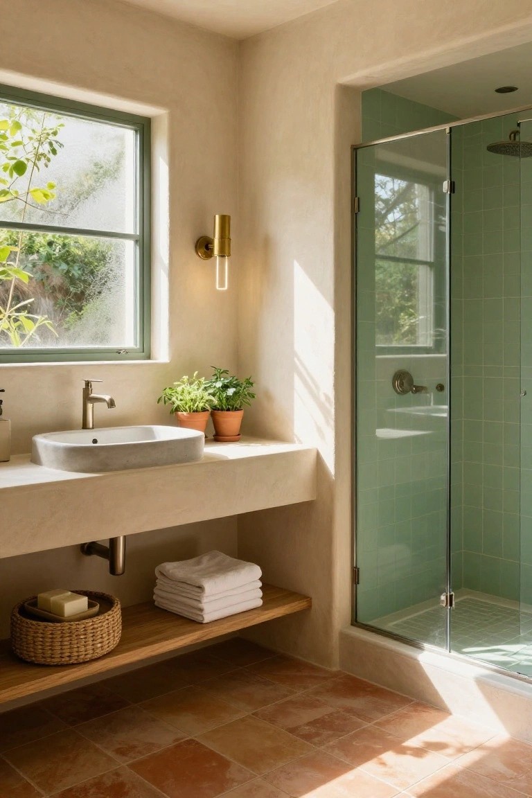 Sunlit bathroom with plaster walls, green window frame overlooking plants, brass wall sconce, white vessel sink on plaster vanity with potted herbs and soap dish, stacked white towels on wood shelf, glass shower enclosure with green tiles, terracotta floor.