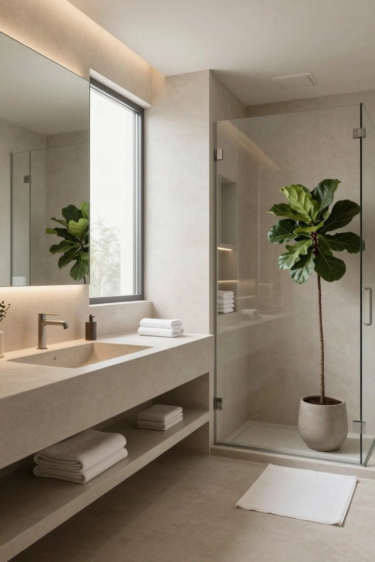 Modern minimalist bathroom with beige stone walls and floor, floating vanity with undermount sink and matte black faucet, backlit mirror, glass shower enclosure containing a potted ficus tree, white towels on shelves, and linear recessed ceiling LED lighting.