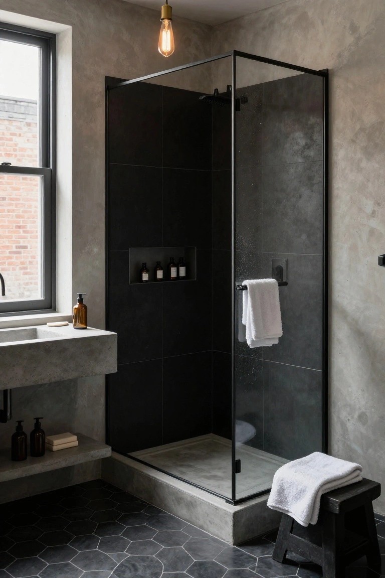 Contemporary bathroom with hanging exposed filament bulb light over concrete sink, black-framed glass shower enclosure, niche shelves inside shower, white towels, and dark hexagonal floor tiles.