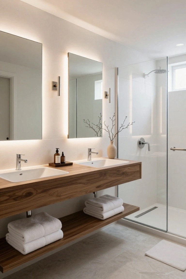 Modern bathroom with two rectangular backlit mirrors above a floating walnut double vanity, glass shower enclosure, white walls and floor, and folded white towels on shelves.