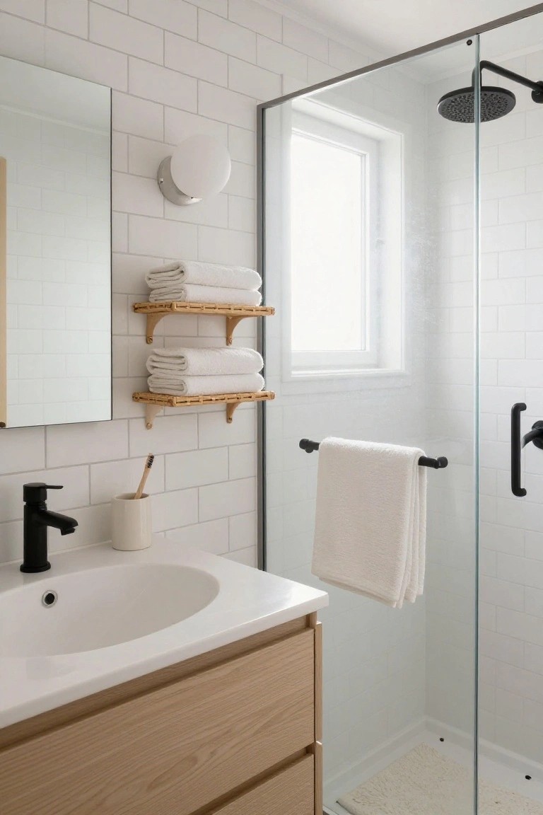 Compact modern bathroom with white subway tile walls, frameless glass shower enclosure, oak vanity and shelves holding white towels, black matte fixtures, and a white globe wall light beside a rectangular mirror.