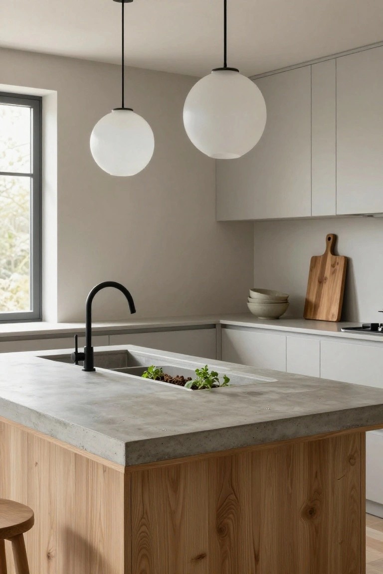 Japandi kitchen with gray concrete island on wooden base, black curved faucet in sink with greens, two white globe pendant lights on black cords above island, white cabinets, wooden stool, and window.