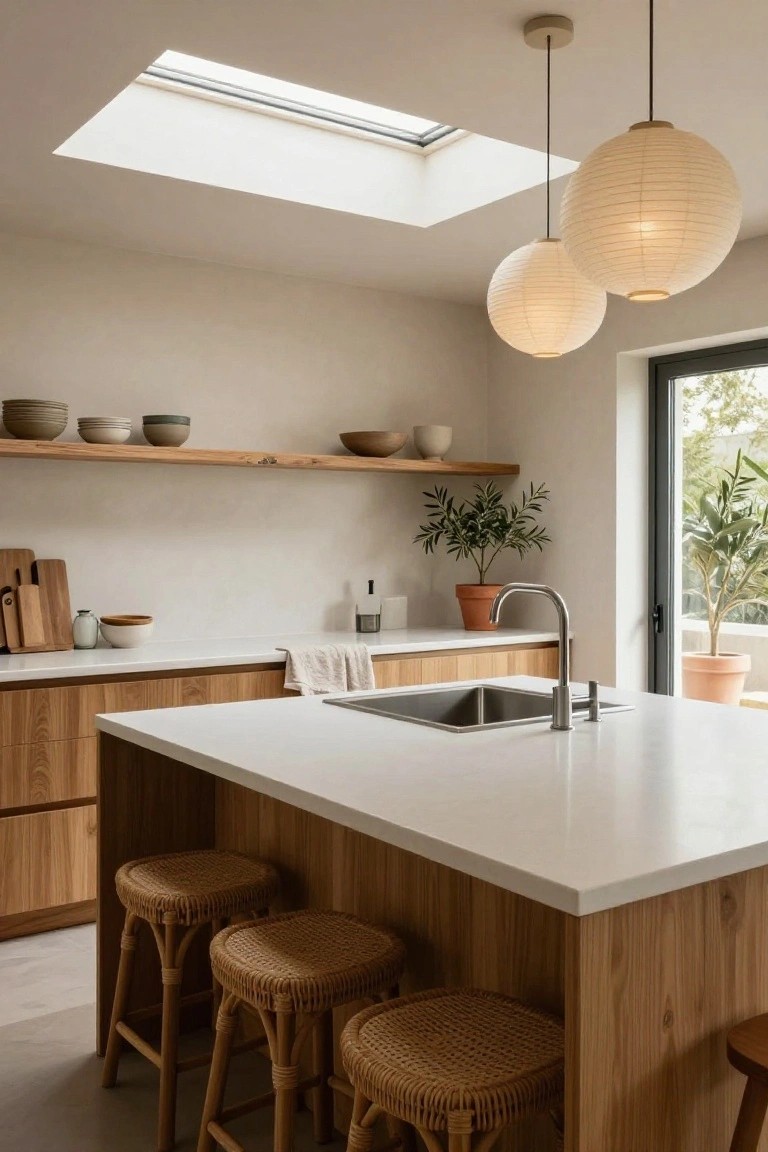 Modern kitchen with central wooden island topped in white quartz, four rattan bar stools, open wooden shelves holding pottery and bowls, potted olive plants, stainless sink, and two white paper lantern pendant lights hanging above the island near a large window.