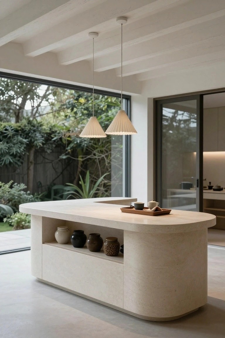 Curved beige stone kitchen island with open shelving holding ceramic jars, wooden tray with teacups and teapot on top, two white pleated conical pendant lights suspended above, large glass doors overlooking garden with plants and trees.