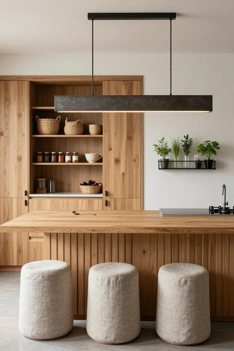 Modern kitchen interior featuring light wood cabinets, open shelving with jars and baskets, a wooden island with three cream-colored pouf stools, a long rectangular grey concrete pendant light overhead, and a sink area in the background.