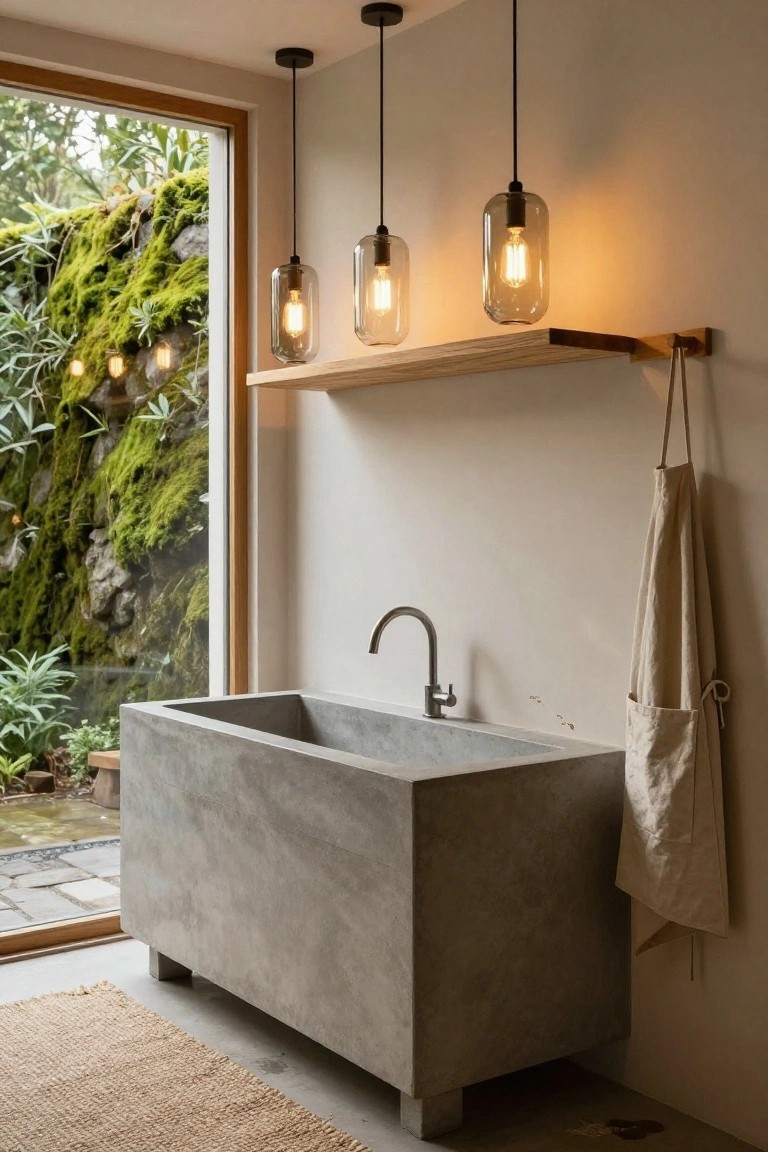 Indoor bathroom featuring a rectangular concrete bathtub under three elongated smoky glass pendant lights, a wooden wall shelf with hooks, a hanging beige apron, stainless steel faucet, seagrass rug, and large window overlooking moss-covered rocks and plants.