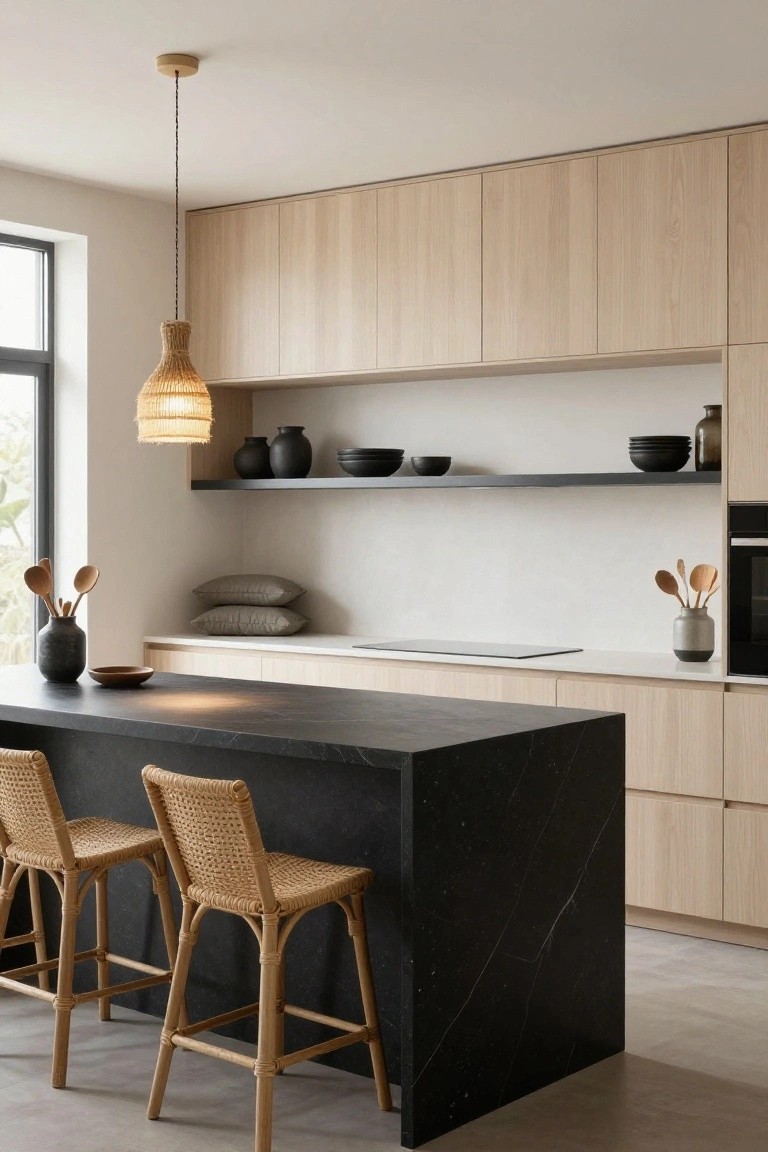 Kitchen interior with light oak cabinets, black marble island, two rattan bar stools, woven pendant light, open shelves with ceramics, and wooden utensils on the counter.