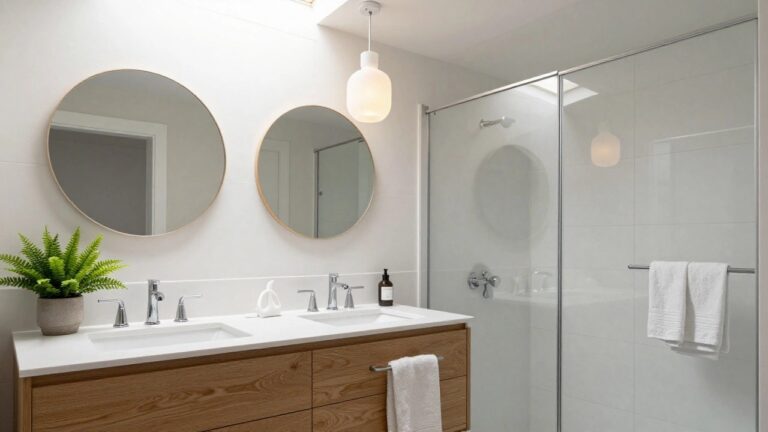 White minimalist bathroom featuring double sinks on a white countertop, two gold-framed round mirrors, a potted fern, stacked beige towels on wooden open shelves below the vanity, glass shower enclosure, skylight, and a single white globe pendant light hanging nearby.