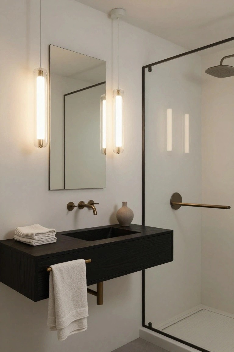 Modern bathroom with white walls, rectangular mirror flanked by two vertical glass tube pendant lights, floating black vanity with brass faucet and towel bar, beige vase, and glass shower enclosure.