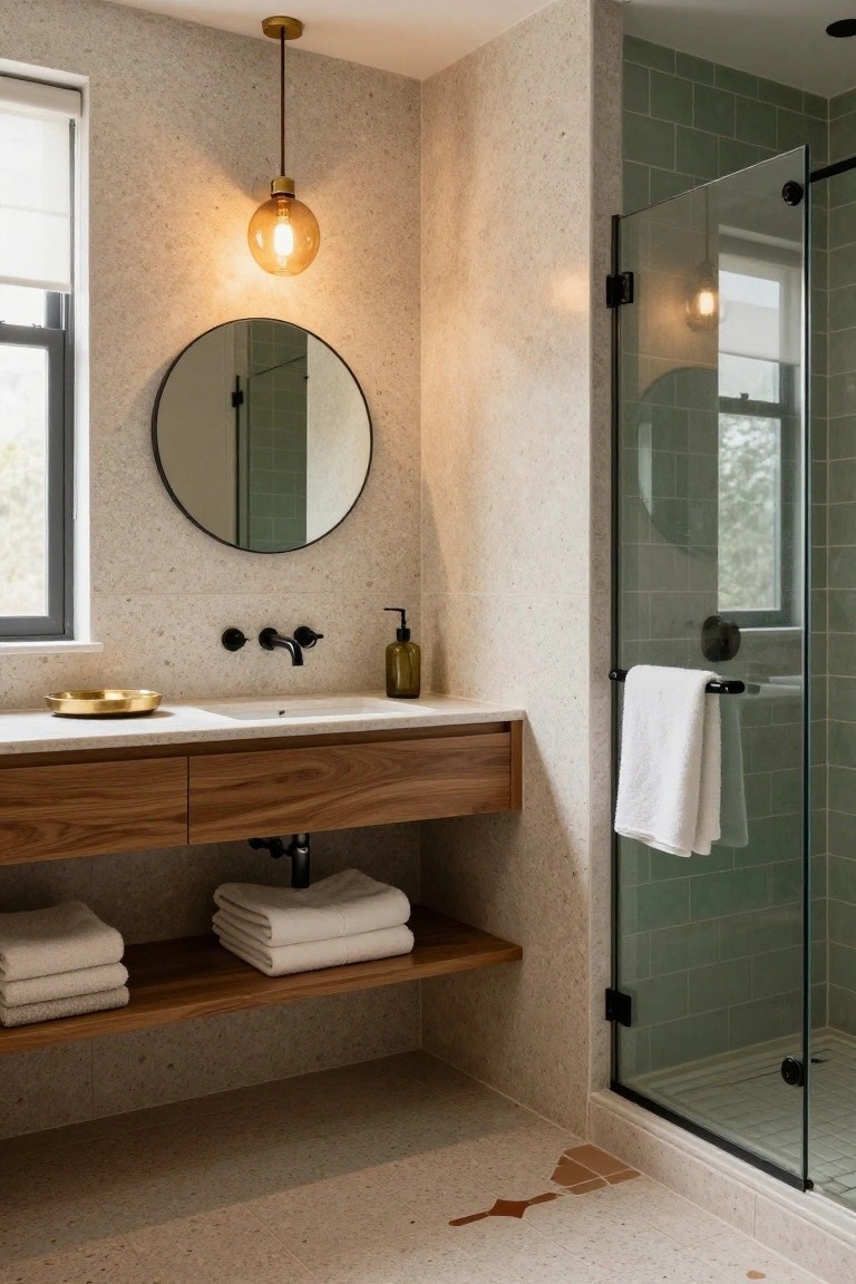 Modern bathroom interior with light terrazzo walls and floor, wooden floating vanity, round black mirror, green tiled glass shower enclosure, and a single hanging gold globe pendant light over the sink.