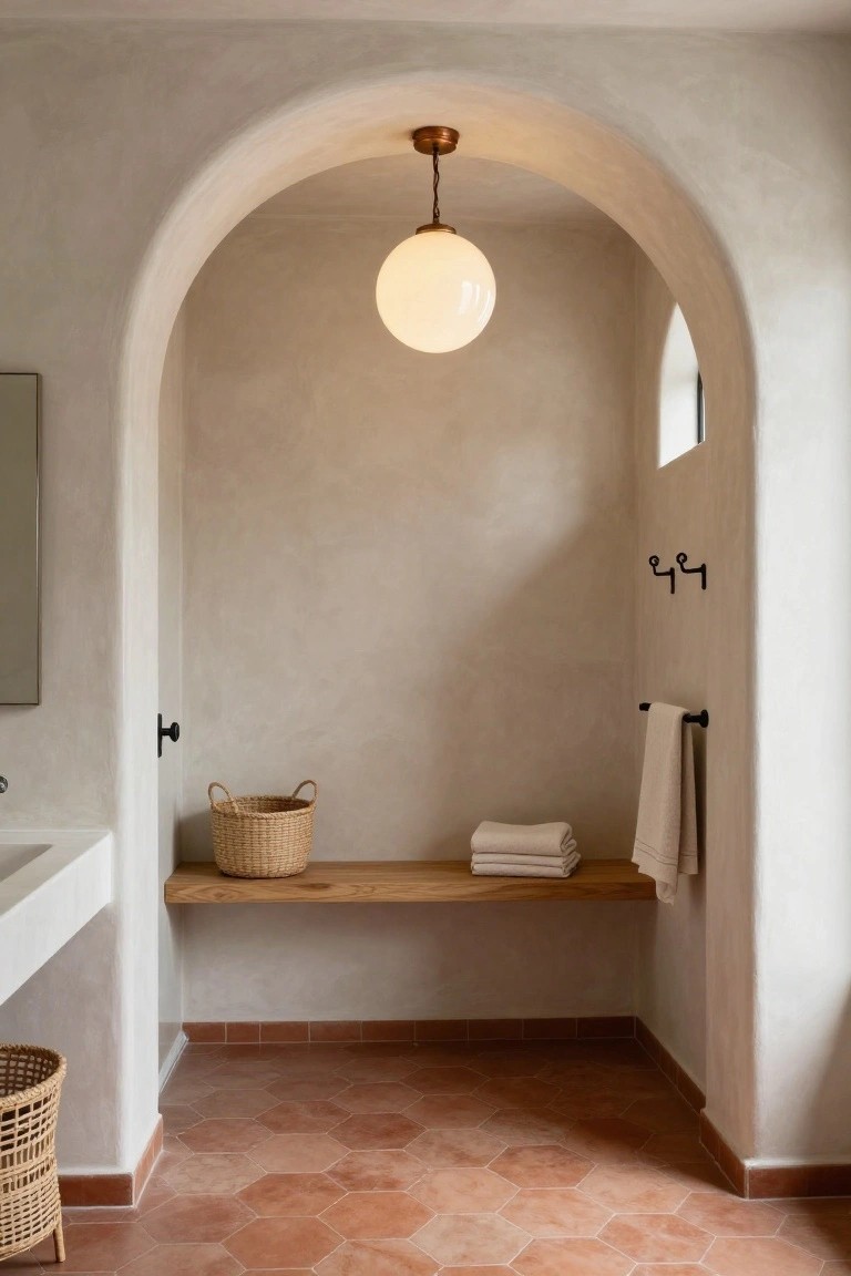 Arched plaster shower niche in a bathroom with white globe pendant light hanging from brass fixture, wooden bench holding towels and basket, white sink, towel bar, woven baskets, and terracotta hexagonal floor tiles.