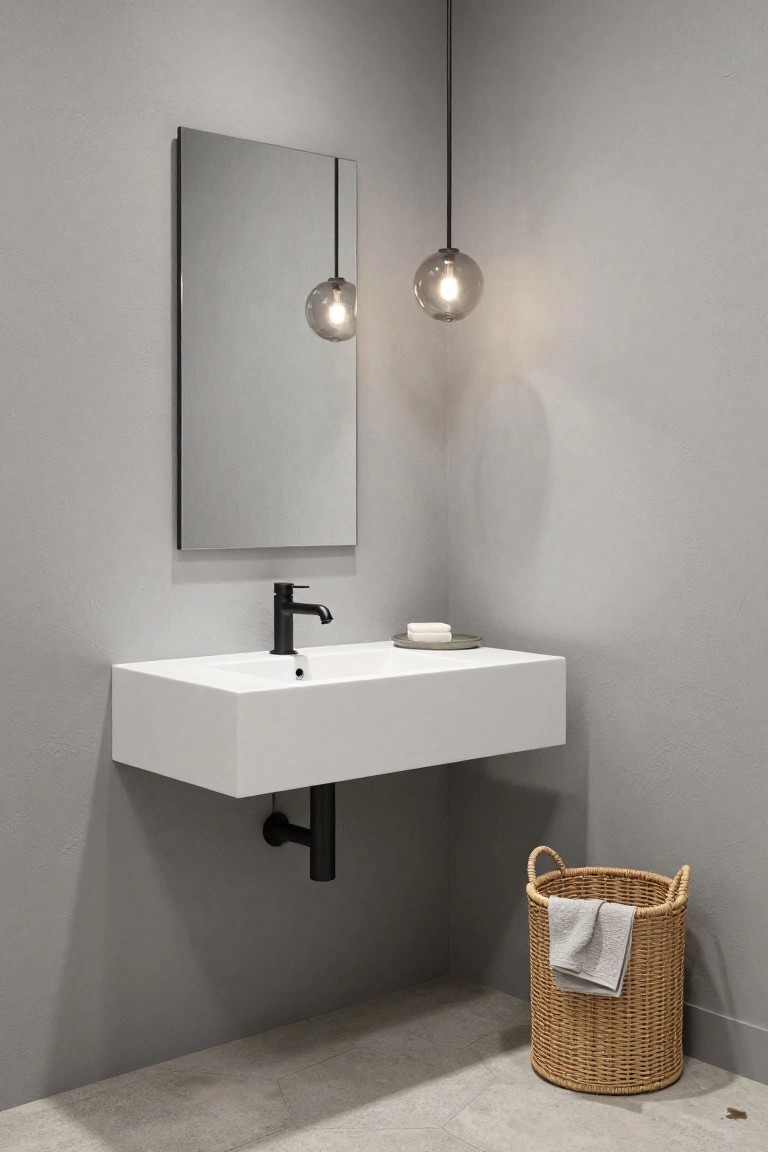 Corner bathroom with white wall-mounted sink, black faucet and drain pipe, small soap dish, rectangular frameless mirror, two hanging glass globe pendant lights on black cords, gray textured walls, and wicker basket with towel on light gray tiled floor.