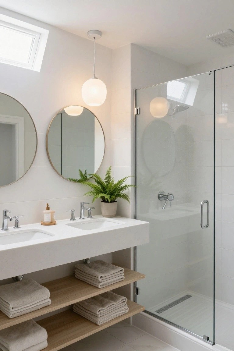 White minimalist bathroom featuring double sinks on a white countertop, two gold-framed round mirrors, a potted fern, stacked beige towels on wooden open shelves below the vanity, glass shower enclosure, skylight, and a single white globe pendant light hanging nearby.