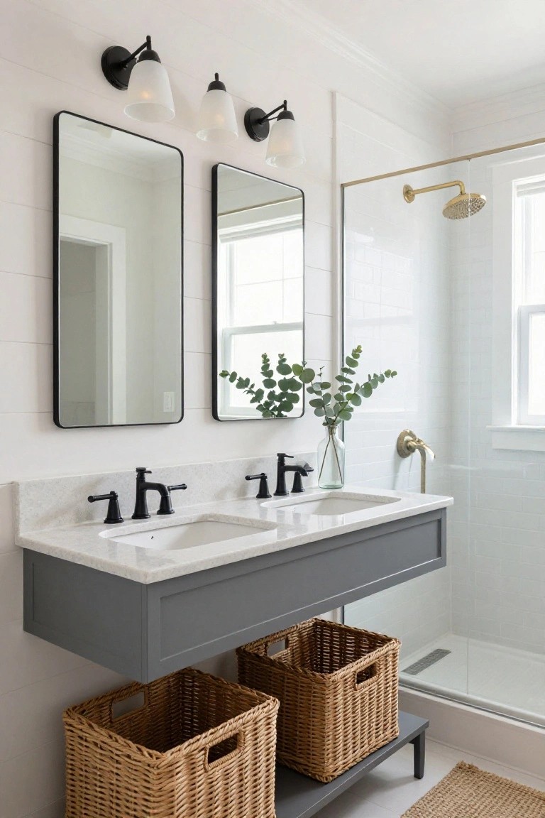 Bright bathroom interior featuring a floating gray double vanity with white quartz top, two black-framed rectangular mirrors, black sconces with white milk glass shades mounted on white shiplap walls, eucalyptus in a glass vase, wicker baskets underneath, and a frameless glass shower with gold fixtures.