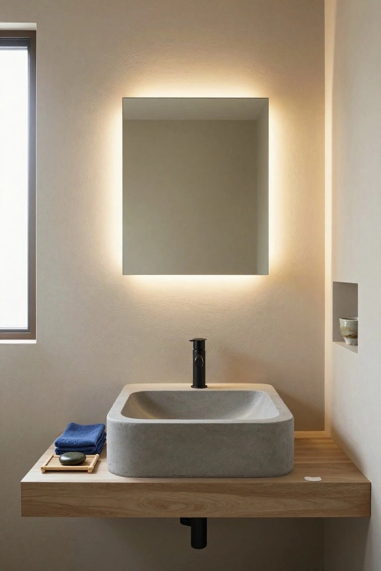 Minimalist powder room with rectangular backlit mirror above gray concrete vessel sink on oak shelf, black faucet, blue towels, window, and wall niche with ceramic cup.