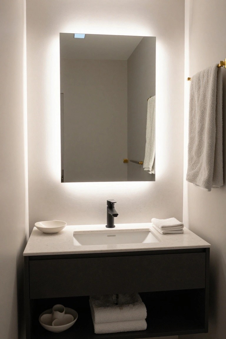 A powder room vanity with rectangular backlit mirror above a white sink and black faucet, dark lower cabinet, folded towels on gold towel bar, and small white dishes on open shelf.