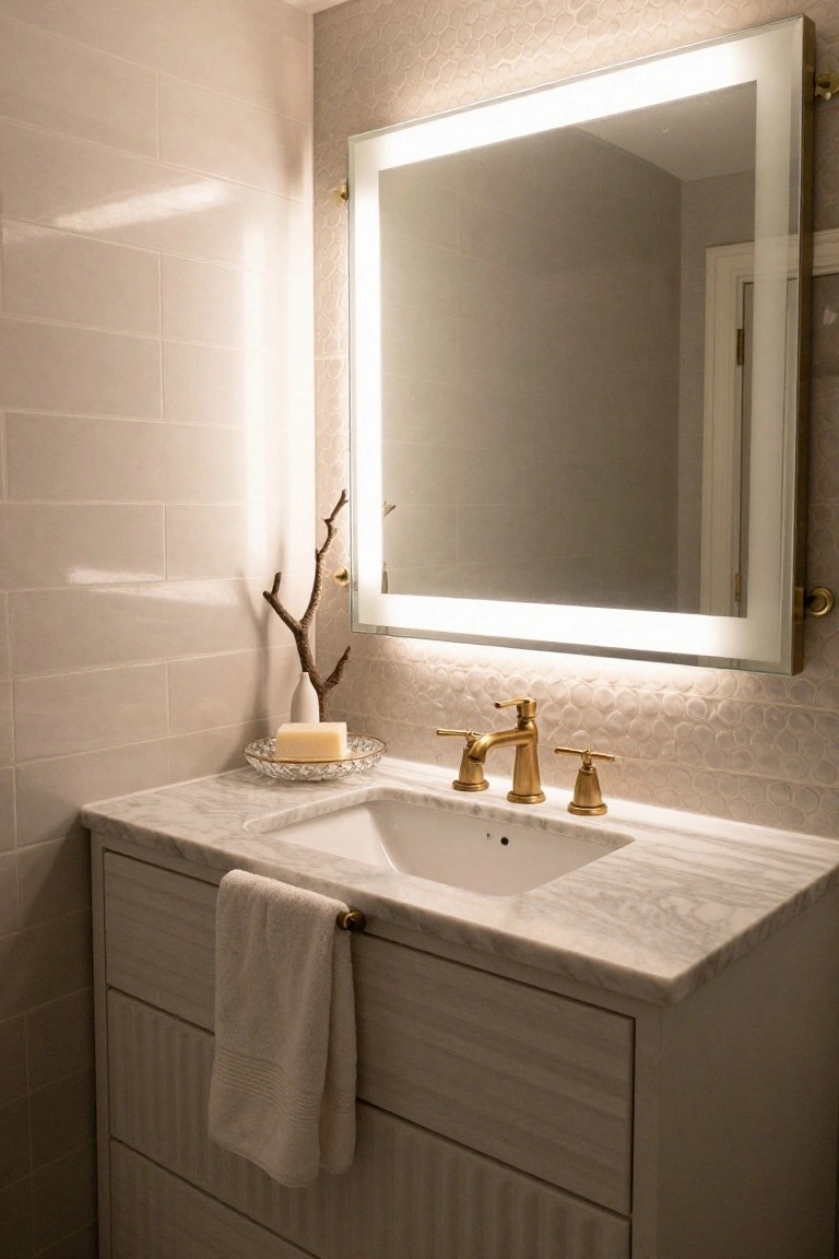 Powder room with white marble vanity topped sink, gold faucet, large rectangular backlit mirror above, beige subway tile walls, and wooden branch decor nearby.
