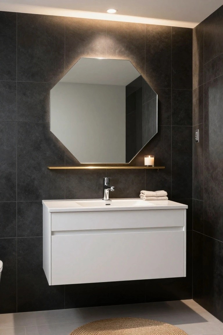 Modern powder room with dark gray textured wall tiles, white floating vanity and sink, large octagonal mirror with integrated edge lighting and gold shelf holding a white candle, recessed ceiling lights, folded towels on vanity, toilet, and seagrass rug on light floor.