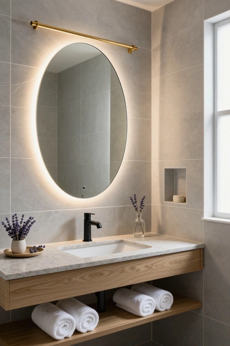 Oval backlit mirror mounted on a horizontal gold bar above a floating oak vanity with white sink, black faucet, marble countertop, rolled white towels on lower shelf, gray tiled walls, lavender flowers, and niche shelf.
