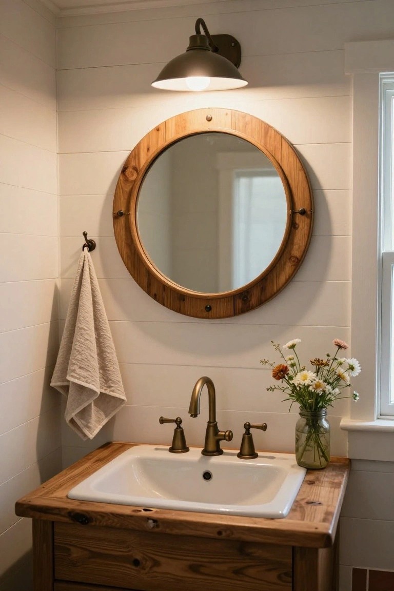 Powder room with shiplap walls, wooden vanity and round wooden mirror, white sink, brass faucet, mason jar of flowers, beige towel on hook, and black barn-style wall sconce lit above the mirror.