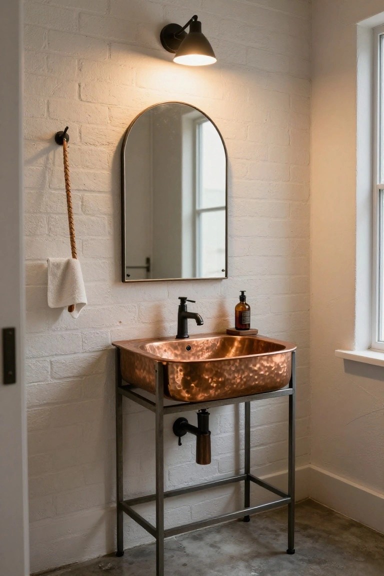 Powder room corner with white brick walls, arched black-framed mirror, black wall sconce mounted above it, hammered copper sink on black metal stand, white towel on braided rope hook, and small window.