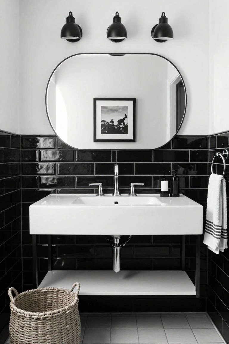 Powder room featuring black subway tile walls, white floating sink with black faucet, oval mirror framed in black, small black and white artwork, three black dome sconces above the mirror, towel on black holder, soap dispenser, and woven basket on floor.