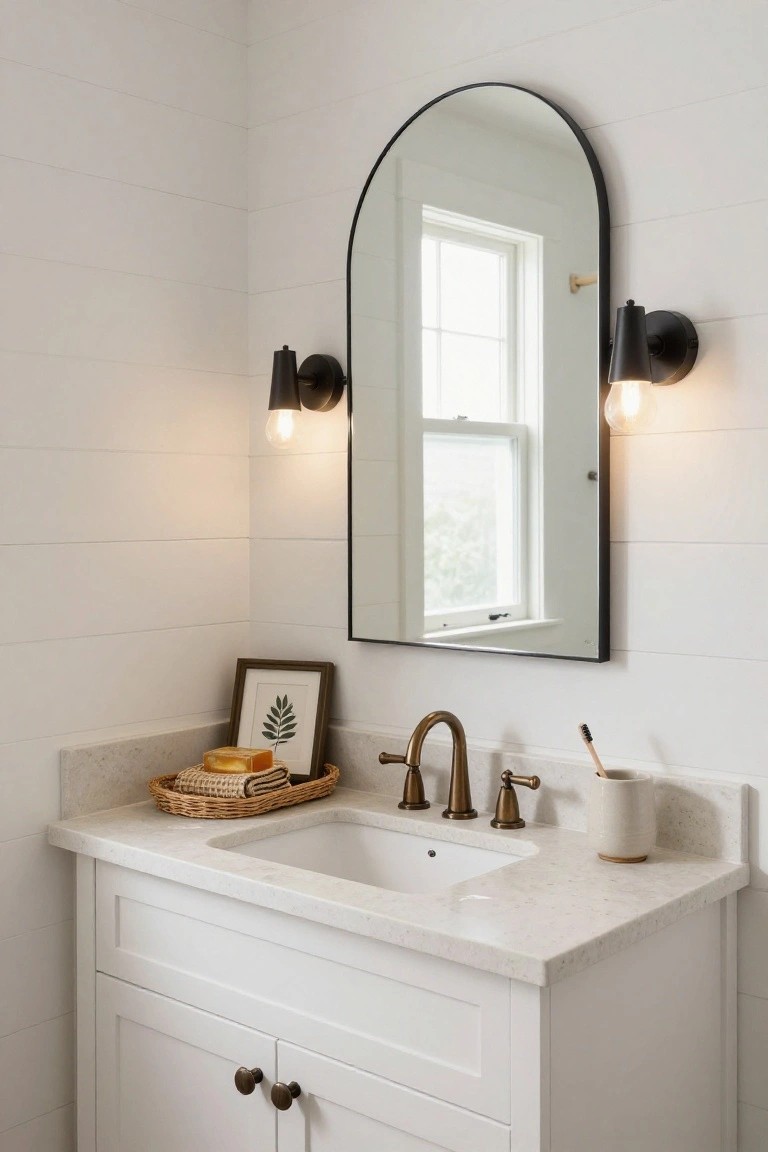 Powder room with white shiplap walls, large arched black-framed mirror flanked by two black sconces with exposed bulbs, white vanity topped with light quartz countertop and undermount sink with brass faucet, woven basket holding soap bars.