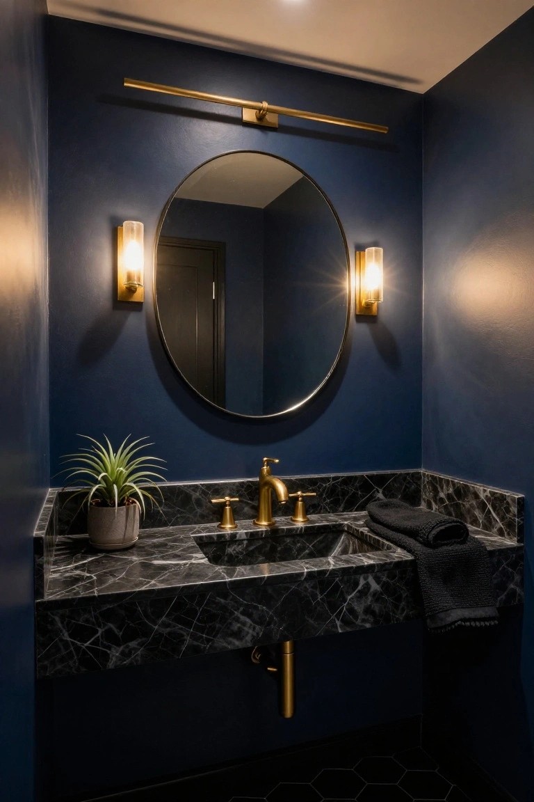Powder room with navy blue walls, round black-framed mirror flanked by two glass globe sconces, black marble vanity with gold faucet and drain, potted plant, folded black towel, and black hexagonal floor tiles.