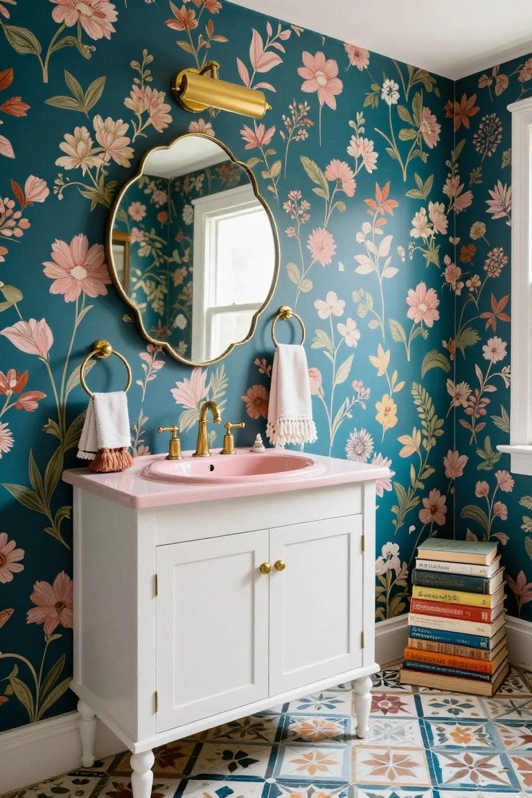 Powder room with teal floral wallpaper on walls, white pedestal vanity topped with pink sink and gold faucet, arched gold mirror, brass swing-arm sconce above mirror, gold towel rings with white towels, and colorful patterned tile floor.