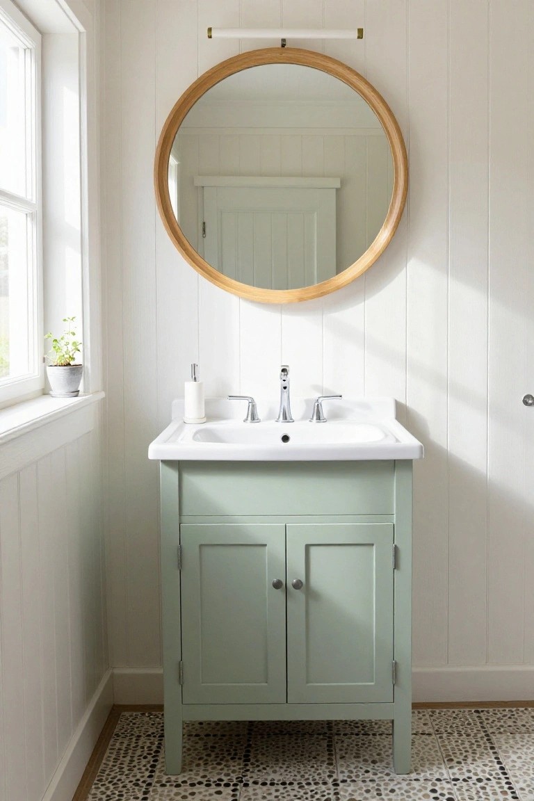 Powder room featuring a mint green wooden vanity with white sink, round oak-framed mirror above, slim horizontal brass wall light mounted over the mirror, white shiplap walls, window with potted plant, and black and white pebble tile floor.