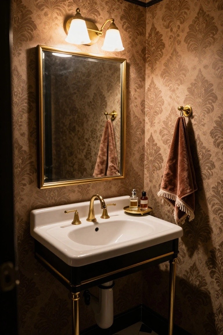 Powder room corner with white sink on black and gold base, gold faucets, large gold-framed mirror, two hanging chenille towels, soap dispenser and bottle on gold tray, paired white-shade sconces above mirror, against tan damask wallpaper.