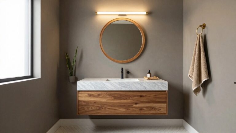 22 Creative Powder Room Lighting Ideas Above The Mirror Powder room vanity with floating walnut cabinet, white marble sink top, round wood-framed mirror, thin horizontal LED light bar above mirror, potted snake plant, beige walls, and white hexagonal floor tiles.