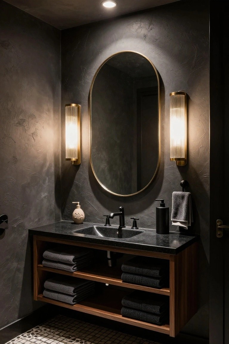 Powder room with floating wood vanity topped by black marble sink, oval gold-framed mirror flanked by matching gold fluted wall sconces, gray textured walls, folded gray towels in open shelves, and black-and-white checkered floor tiles.
