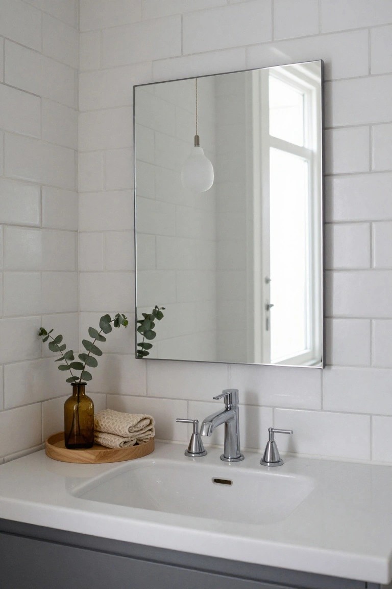 White subway-tiled powder room corner with rectangular frameless mirror, hanging white globe pendant light, chrome faucet on white sink, gray vanity cabinet below, wooden tray holding brown glass vase with eucalyptus and folded towel on counter.