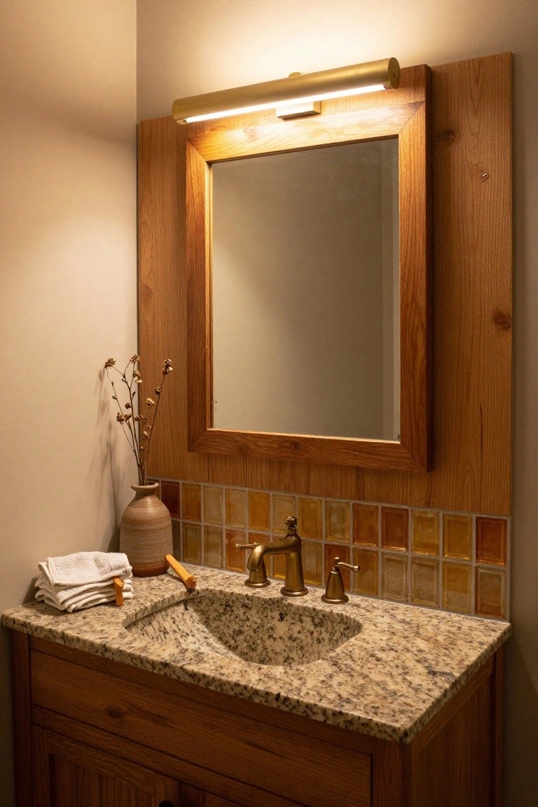 Powder room vanity with light granite countertop, under-mount sink, brass faucet, wooden cabinet below, colorful terracotta tile backsplash, wooden-framed mirror, brass linear wall sconce above mirror, folded towels, and potted dried branches on the counter.