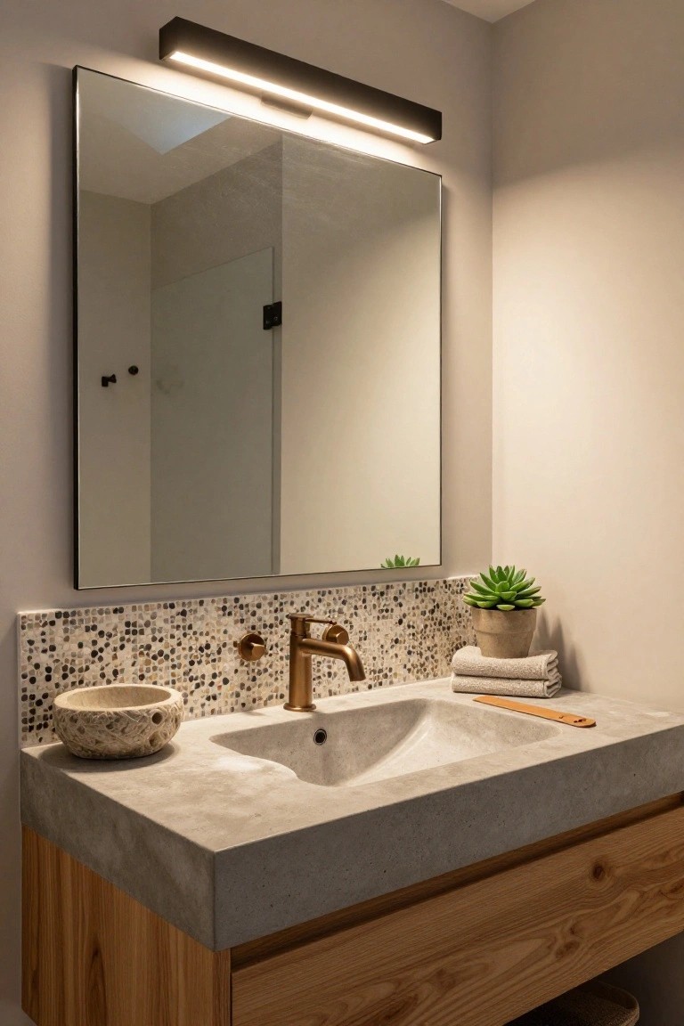 Modern powder room with concrete vanity sink, brass faucet, pebble mosaic backsplash, wooden cabinet base, potted succulent plant, folded towels, large rectangular mirror, slim black LED bar light mounted directly above the mirror, and glass shower door reflected in the mirror.
