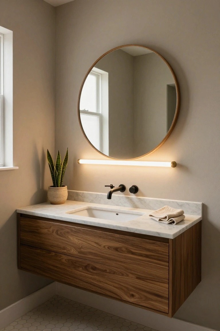 Powder room vanity with floating walnut cabinet, white marble sink top, round wood-framed mirror, thin horizontal LED light bar above mirror, potted snake plant, beige walls, and white hexagonal floor tiles.