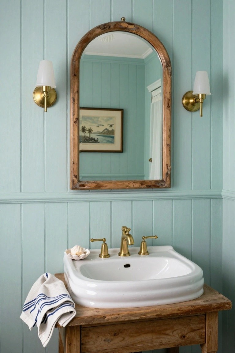Powder room with light blue shiplap walls, large arched wooden mirror above white farmhouse sink on wooden vanity, two gold sconces with white shades flanking the mirror, seashell on sink, beach painting nearby.