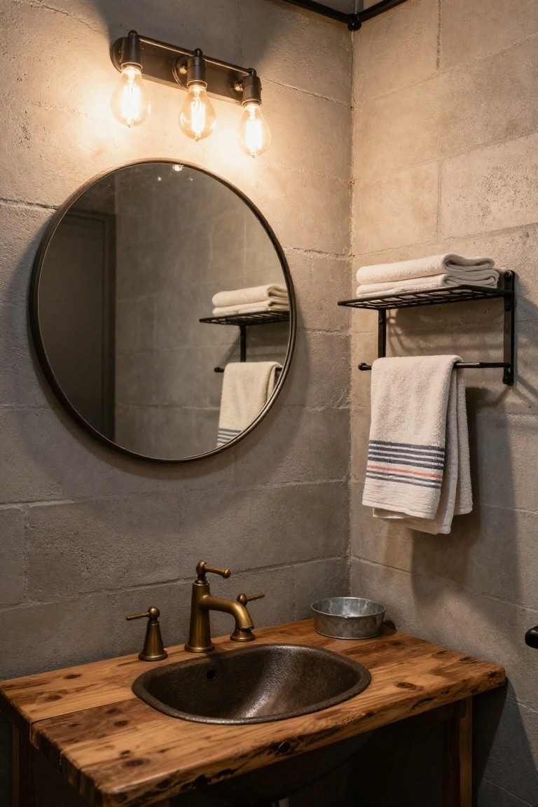 Corner powder room vanity with concrete block walls, round mirror, wooden countertop holding a hammered copper sink, metal towel racks with white and striped towels, and a three-bulb brass wall sconce with exposed filament bulbs above the mirror.