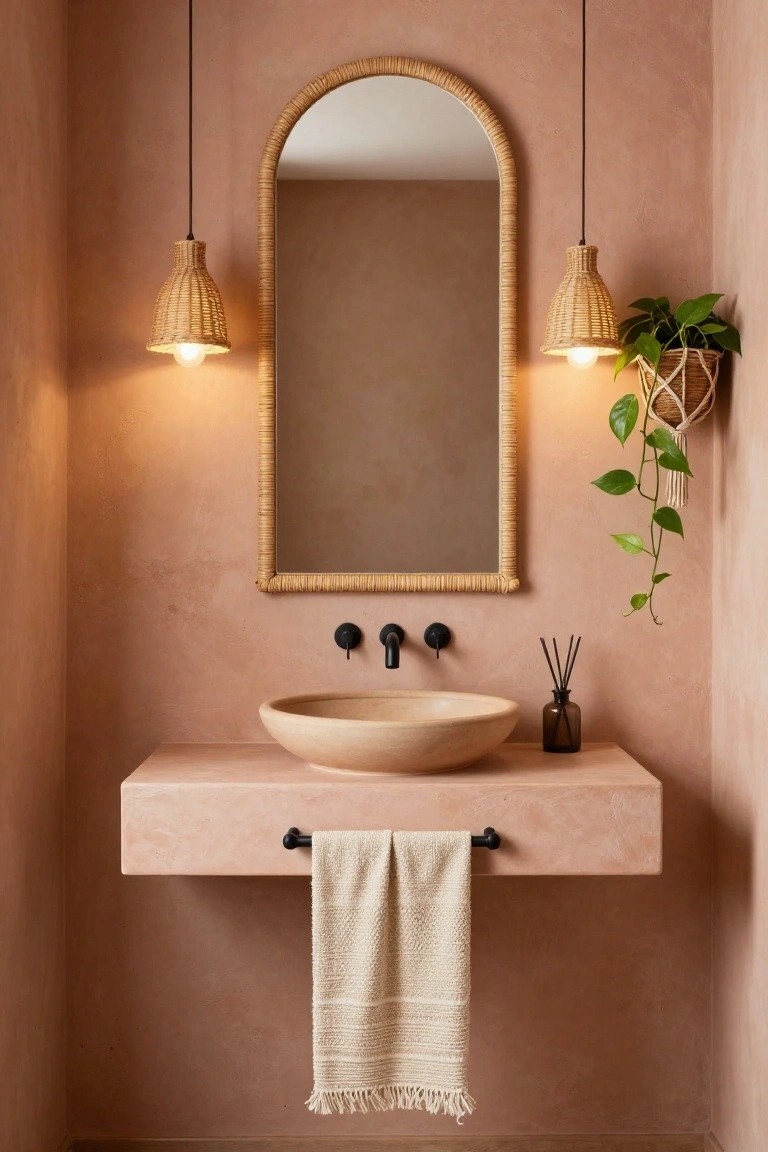 Powder room featuring pink textured walls, arched rattan mirror, two woven pendant lights hanging on either side, floating pink vanity with terracotta sink, black faucet, towel bar with white towel, reed diffuser, and hanging potted plant.