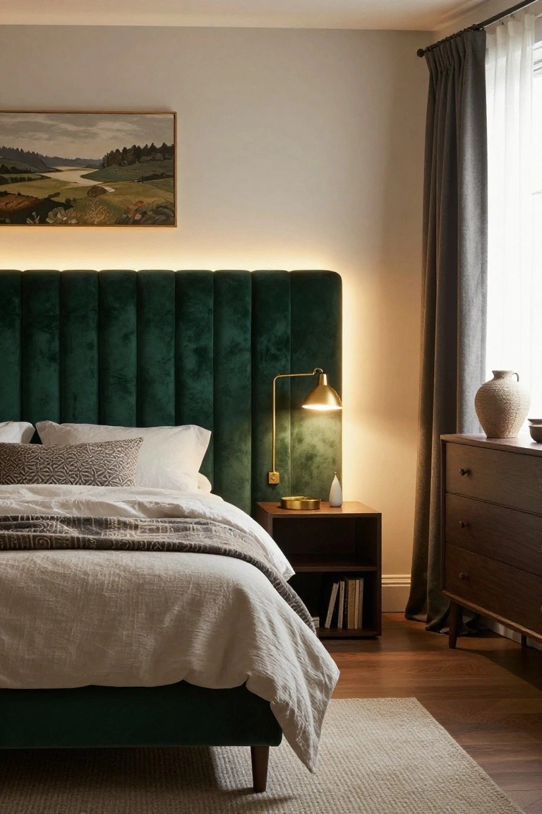 Bedroom with emerald green tufted velvet headboard backlit by LED strips, white and textured bed linens, gold arched desk lamp on wooden nightstand, wooden dresser, beige vase, and landscape painting on light wall.