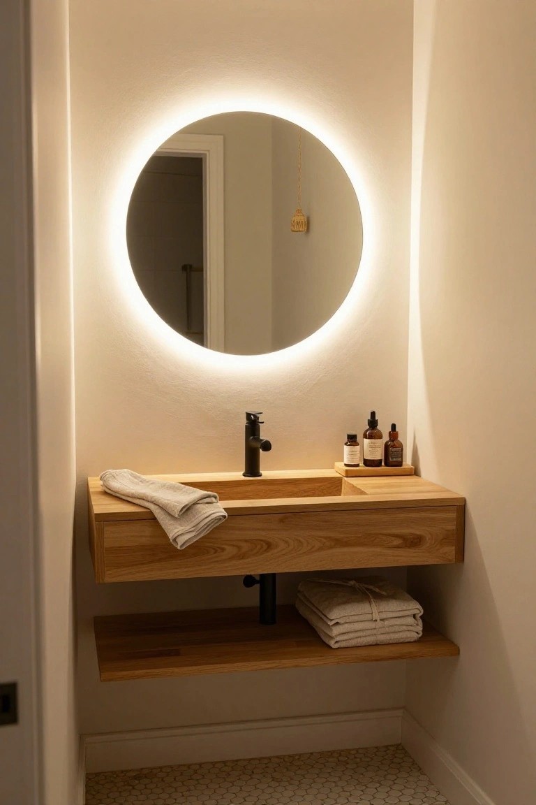 Round backlit mirror above a floating wooden vanity with sink, faucet, towels, and bottles in a white bathroom with tiled floor.