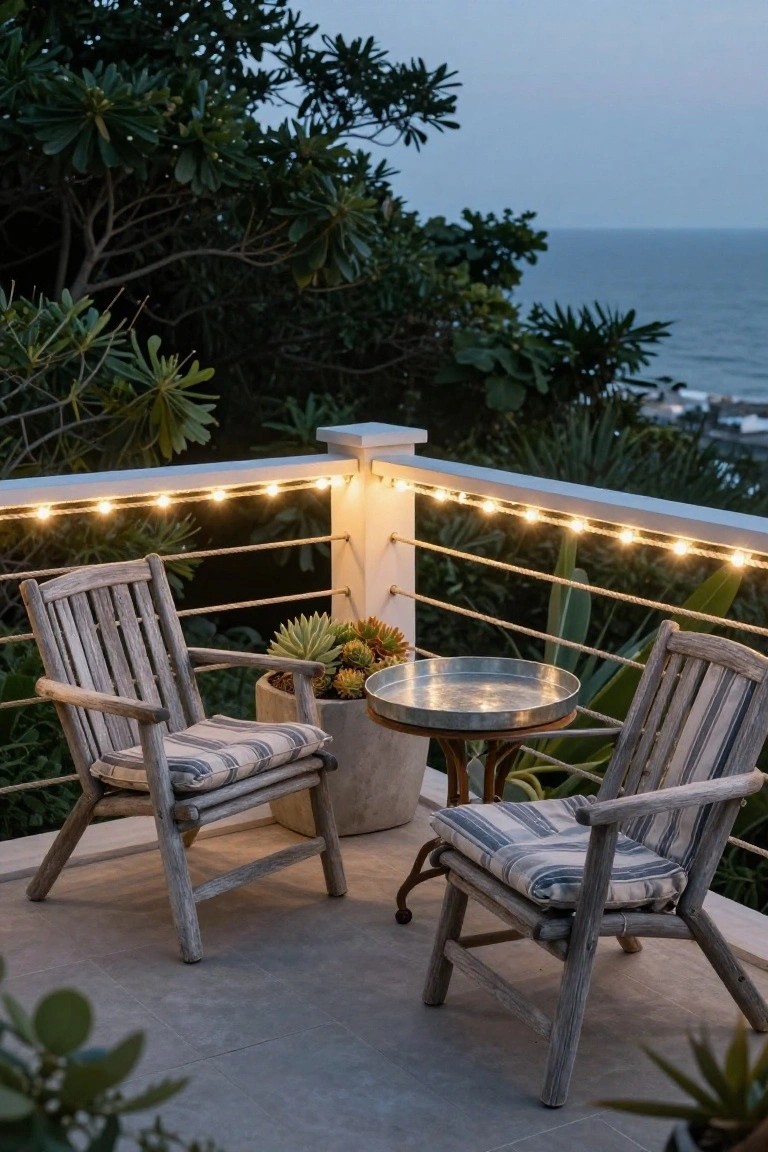 Balcony deck with two wooden chairs, a small metal tray table, potted succulents, and white string lights along a cable railing, surrounded by tropical plants and overlooking the ocean at dusk.